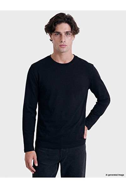 LC Waikiki Peak New Season Black Crew Neck Long Sleeve Men's T-Shirt