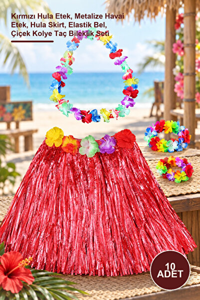 Yenilig 10 Pcs Hawaiian Dance Costume - Red Hula Skirt, Metallized Hawaiian S...
