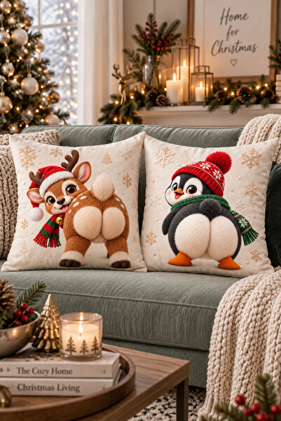 ayshome textile Dijital Baskı Yılbaşı Geyiği Ve Pengueni Esprili 2'Li Kırlent Kılıfı Seti