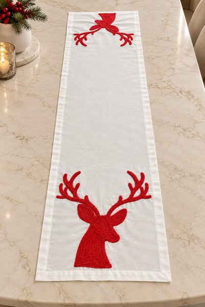 desicap New Year's Deer Figure Embroidered Premium Runner – 40 × 140 cm |   New Year's Table & Invitation Table