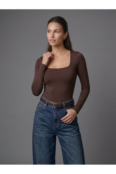 Noe Collection Kadın Uzun Kollu Kare Yaka Çıtçıtlı Slim Fit Esnek Bodysuit