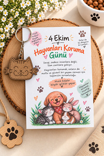 4 Ekim Hayvanları Koruma Günü Ahşap Kedi Anahtarlık – Hayvan Sevgisi Temalı Öğrenci Hediyesi 10 Adet