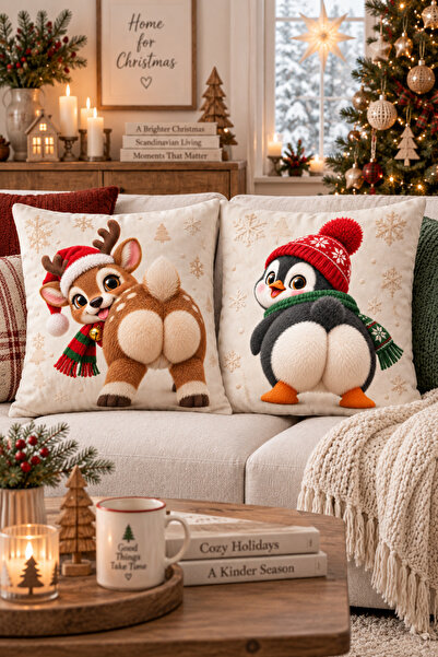 ayshome textile Dijital Baskı Yılbaşı Geyiği Ve Pengueni Esprili 2'Li Kırlent Kılıfı Seti