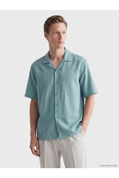 LC Waikiki Peak New Season Blue Relax Fit Linen Blend Men's Shirt