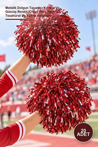 Yenilig 20 Pcs Cheer Pompoms – Metallic Plump Design, Red and Silver Colored,...
