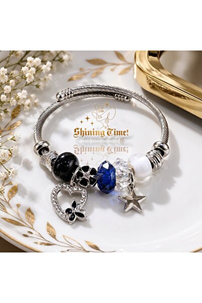 Shining Time : Kadın, Paslanmaz Çelik, Gümüş Renk, Zirkon Taşlı, Kalp ve Yıldız Charm, Bileklik