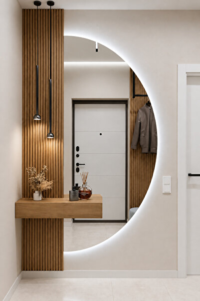 anthome Yarım Ay Ledli Ayna Boy Aynası Dekoratif Duvar Aynası – Beyaz/Günışığ...