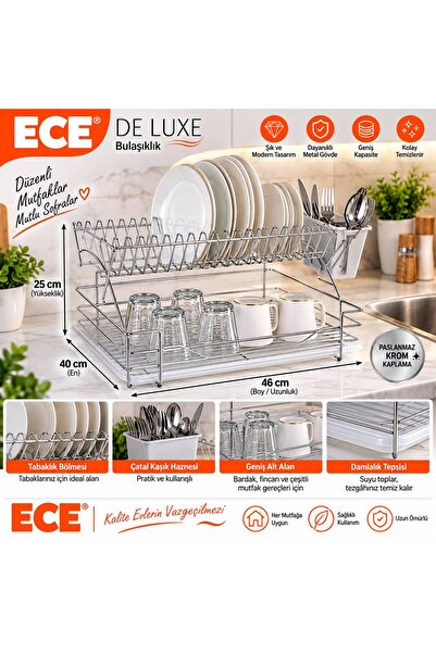 l De Luxe 2 Katlı Krom Bulaşıklık – Damlalıklı Tabaklık, Bardaklık ve Çatal Kaşıklık 46x40x25 cm