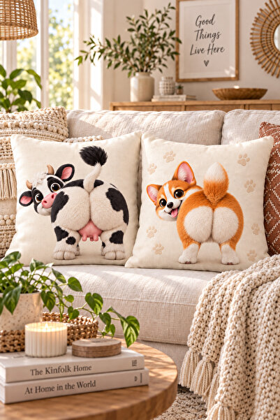 ayshome textile Dijital Baskı Esprili Köpek İnek 2!Li Kırlent Kılıfı Seti (Hediyelik ev bahçe)