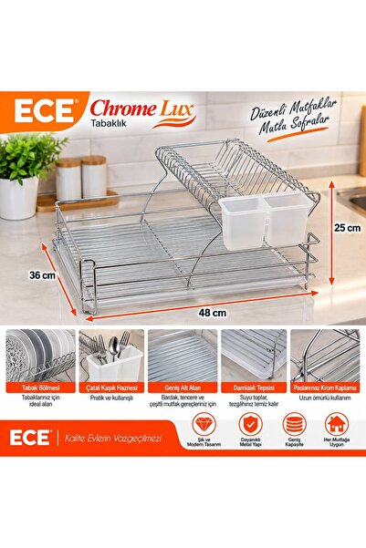 Chrome Lux 2 Katlı Bulaşıklık – Krom Tabaklık, Bardaklık ve Çatal Kaşıklık 48x36x25 cm