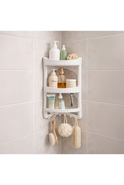 OEM Etajeră de baie de colț din plastic alb cu cârlige - 28.5x17x48.5cm