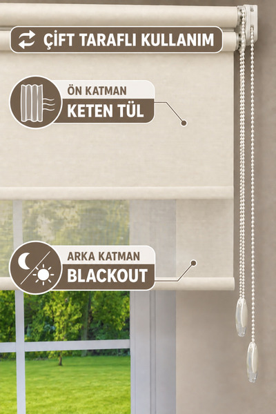 Perde Konağı Çift Mekanizmalı Blackout Stor ve Keten Tül Perde Krem | Özel Ölçü
