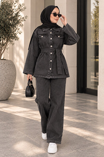 ASTEMİA Women's Belted Buttoned Denim Jacket Wide Leg Pants Double Hijab Set ...