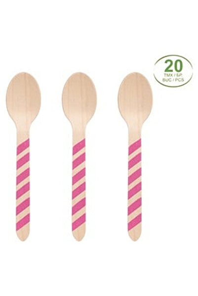 OEM Fuchsia Striped Wooden Party Spoons 16cm - 20pcs