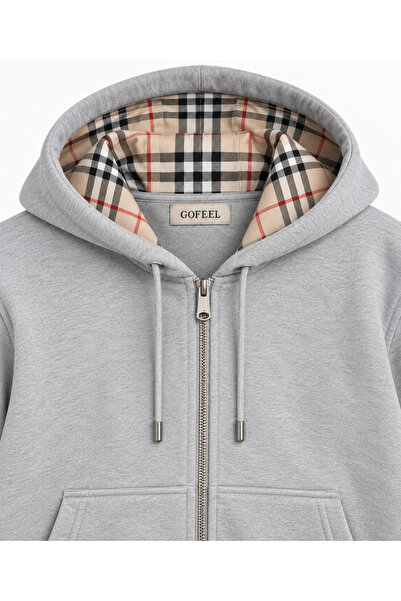 Gofeel Ekose İç Detaylı Fermuarlı Kapüşonlu Hoodie Zip Hırka