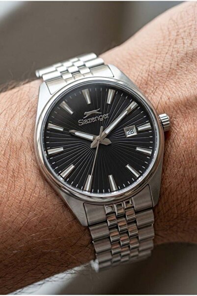 Slazenger Silver Men's Wristwatch |   41mm Stainless Steel Case, Black Dial, ...
