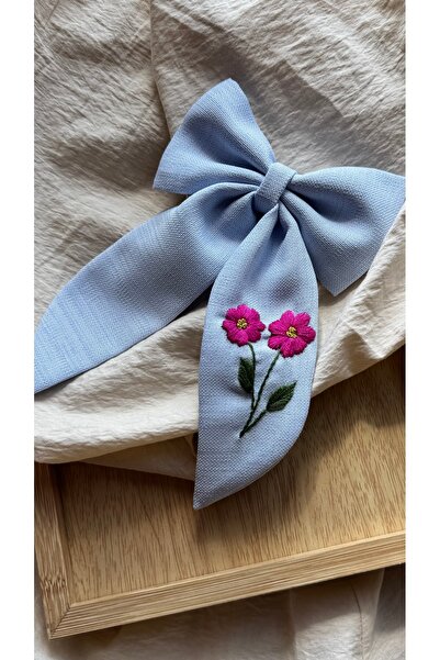 Mas Pink Floral Embroidered Bowknot Hairpin Handmade Ice Blue – Stylish Bowkn...