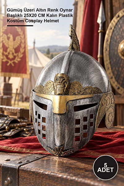 5 Adet Romalı Bizans Kaskı Miğferi – Gümüş Üzeri Altın Renk Oynar Başlıklı 25X20 CM Kalın Plastik Kostüm Cosplay Helmet