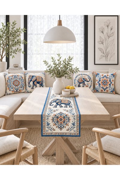 HOMESSA Blue Orange Elephant and Ethnic Mandala 4-Piece Throw Pillow Cover Ru...