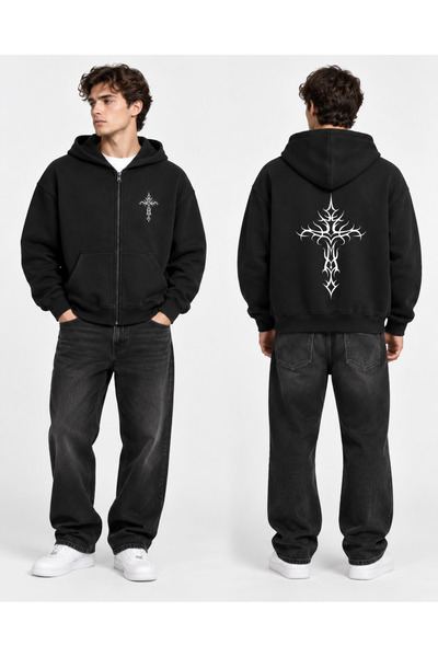 Dupe Design Cardigan unisex supradimensionat, negru, cu fermoar și glugă – Hanorac streetwear cu imprimeu cu cruce gotică pe față și spate