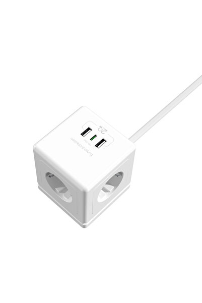 S-LINK Prz04، 4 مقابس، مقبس حماية من التيار، 1x Type-c، 2xusb 5v، كابل بطول 2 متر، 306 جول، تصميم مكعب (b)