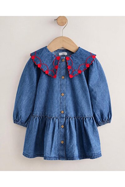 Yaka Detaylı Kız Çocuk Denim Elbise