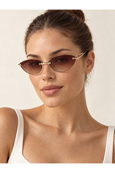 Avel Kadın Unisex UV400 Korumalı Cat Eye Kedi Göz Kılıf Ve Silme Bezi Hediyeli Çerçevesiz Metal Güneş Gözlüğü