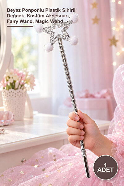 Yenilig 1 Piece Star Fairy Wand – Plastic Magic Wand with White Pompom, Costu...