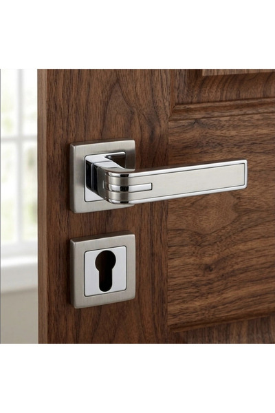 Afaq Gray and Chrome Square Split Rosette Wood Door Handle Set - Horizons
