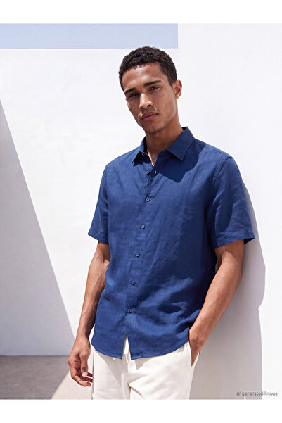 LC Waikiki Vizyon New Season Blue Regular Fit 100% Linen Men's Shirt