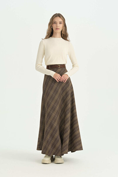 Nihan Semicircular Plaid Skirt with Belt - Brown
