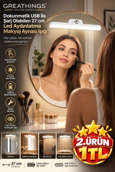 Greathings 27 cm Dokunmatik USB Şarjlı LED Makyaj Aynası Işığı Ayarlanabilir Ayna Lambası
