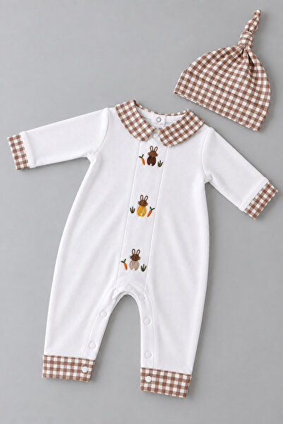 My Babies Label Premium Tavşan Nakışlı Pötikare Detaylı Yenidoğan Tulum & Ber...