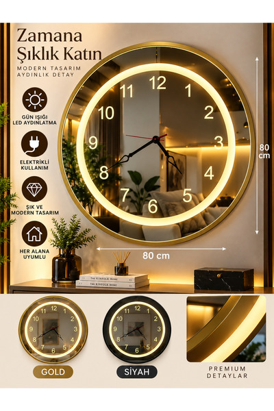 Buclee 80x80 cm LED Işıklı Dekoratif Duvar Saati Gold/Siyah Elektrikli Büyük Boy
