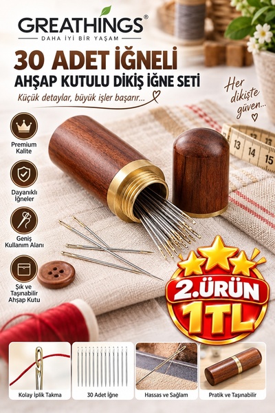 Greathings 30 Adet Çelik Dikiş İğnesi Seti Ahşap Saklama Kutulu El İşi Nakış ...