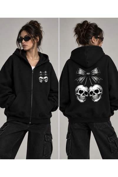 Dupe Design Hanorac unisex cu glugă și fermoar, supradimensionat, cu imprimeu gotic cu craniu și cireșe, stil streetwear gotic.