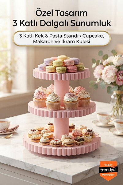 Jüjü Design 3 Katlı Dalgalı Kek Pasta Sunumluğu Pastel Pembe Cupcake ve İkram...