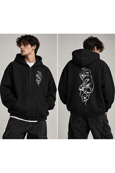 Dupe Design Unisex Oversize Μαύρη Ζακέτα με Φερμουάρ και Κουκούλα – Φούτερ St...