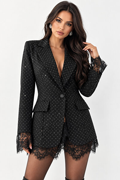 NO BRAND Sacou elegant negru cu strasuri și detalii din dantelă