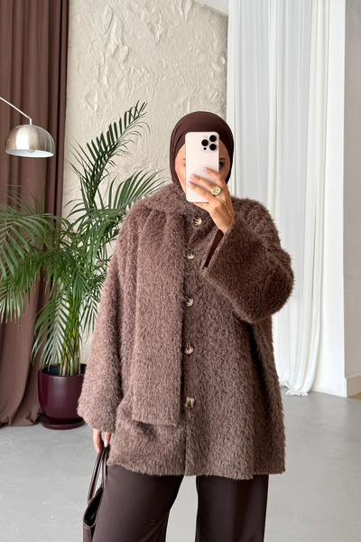 ensade Oversized Women's Jacket with Scarf Detail and Teddy Puff Buttons