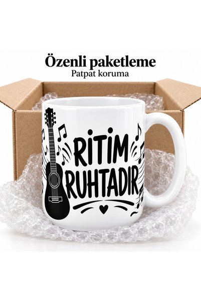 HiperAD Reklam Rhythm Is Time Porcelain Mug 300 ml with Guitar and Note Patte...