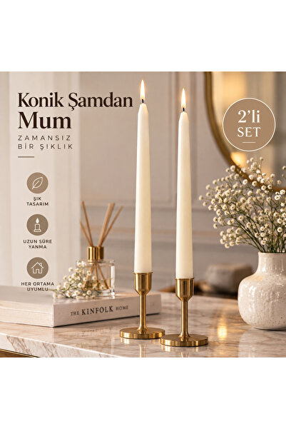 Genel Markalar 2’li Konik Şamdan Mum Krem 18 cm Dekoratif İnce Mum Seti