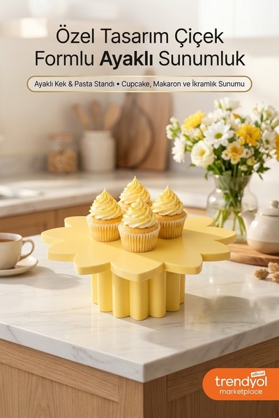 Jüjü Design 3D Baskı Çiçek Formlu Ayaklı Kek Pasta Sunumluğu Sarı Papatya Tas...