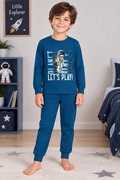 Erkek Çocuk %100 Pamuklu Lacivert Astronot Desenli Uzun Kollu Kışlık İnterlok Pijama Takımı