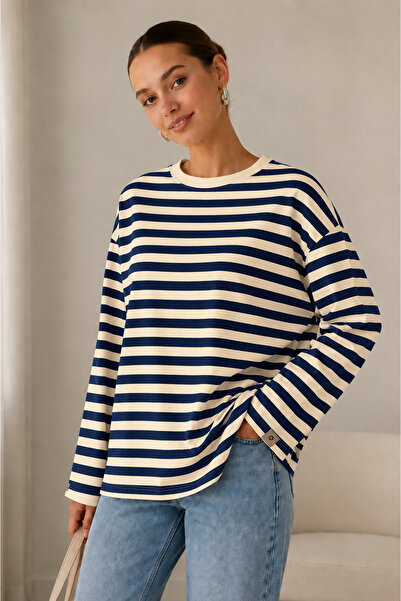 moda sara Kadın Lacivert Krem Çizgili Bisiklet Yaka Uzun Kollu Oversize Sweat...