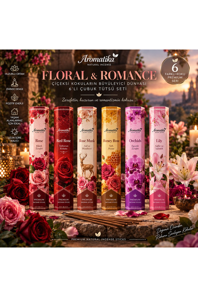 Aromatika Premium | Çiçeklerin Romantizmi 6’lı Çubuk Tütsü Seti | 6 Farklı Çiçek Kokusu | Premium Romantik Tütsü Seti