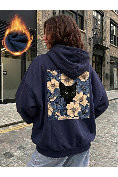 OVER HEAD Women's Floral Black Cat Printed 3 Thread Oversized Hoodie Sweatshirt