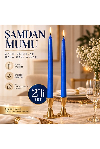 Genel Markalar 2’li Mavi Şamdan Mumu 18 cm Konik Dekoratif Mum Seti – Sofra v...