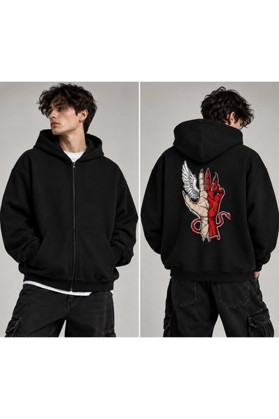 Dupe Design Unisex Oversize Siyah Fermuarlı Kapüşonlu Hırka – Melek Şeytan El Baskılı Sırt Tasarımlı Streetwear Hoodie