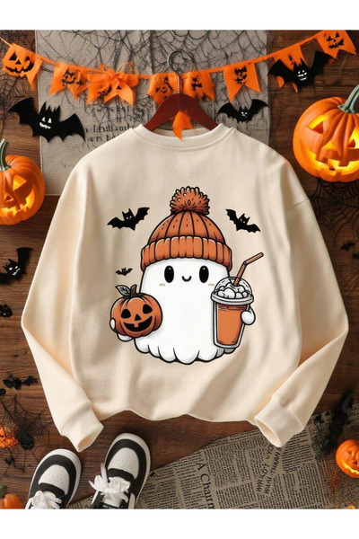 OVER HEAD Hanorac cu gât rotund cu imprimeu Ghost Drinking Coffee de Hallowee...